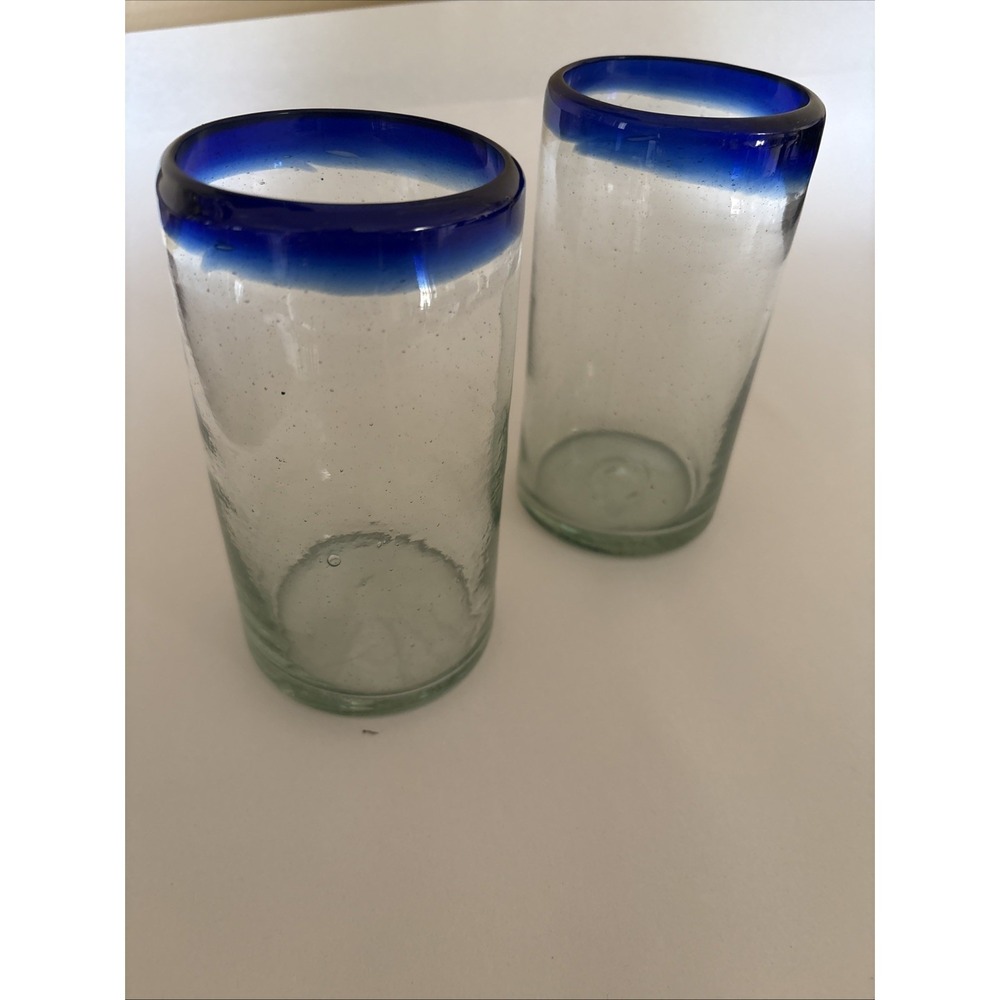 Pair Vintage Mexican Hand Blown Glasses Cobalt Blue Rim Highball Tumblers Set-2